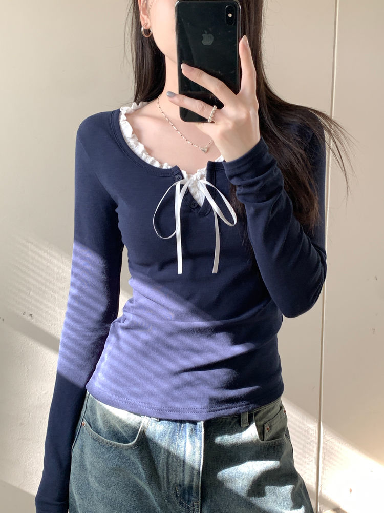 韩版时尚气质T恤秋冬季新款女芭蕾风木耳边系带v领设计感打底上衣