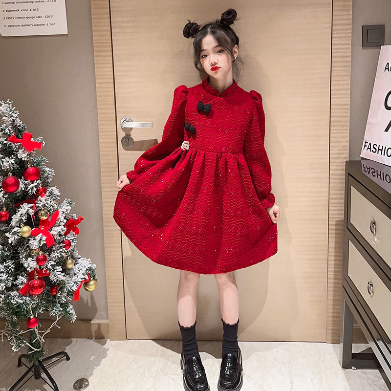 女童旗袍連衣裙冬季2023新款兒童洋氣冬裝女孩紅色公主裙子秋冬款