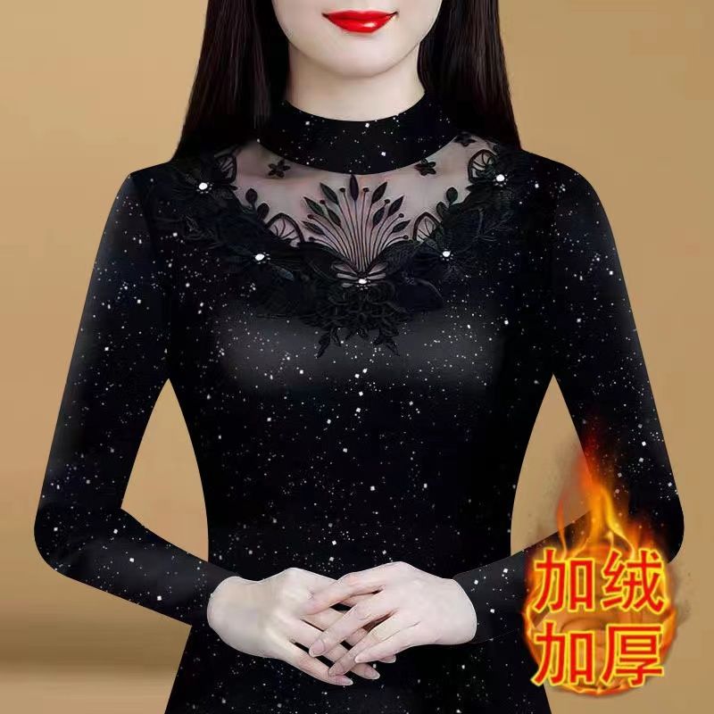 2023年新款一體絨雙面德絨印花蕾絲花邊加絨加厚打底衫女釘珠t恤