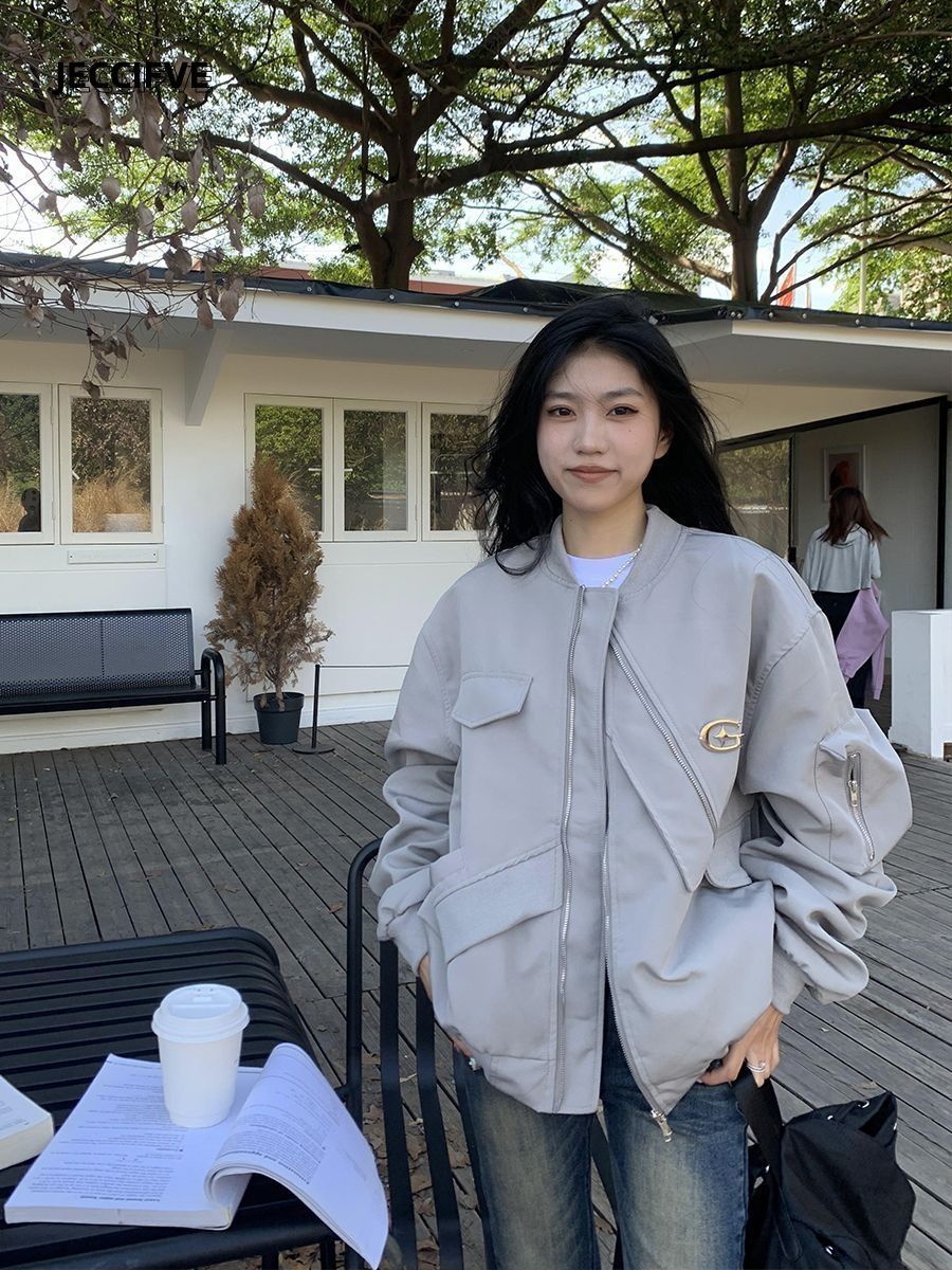JECCIFIVE美式街頭設計感飛行服外套男女秋冬季加厚寬鬆工裝夾克