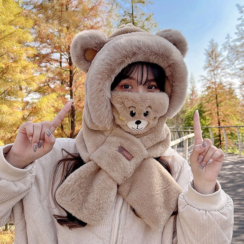 Bear Hat Women's Winter Warm Scarf One-piece Pullover Hat Cycling Cold Protection Ear Protection Cute Plush Scarf