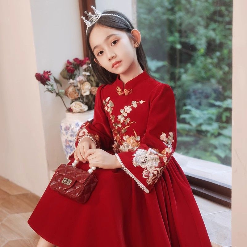 女童连衣裙加绒秋冬款小女孩中国风拜年服新款儿童红色喜庆公主裙