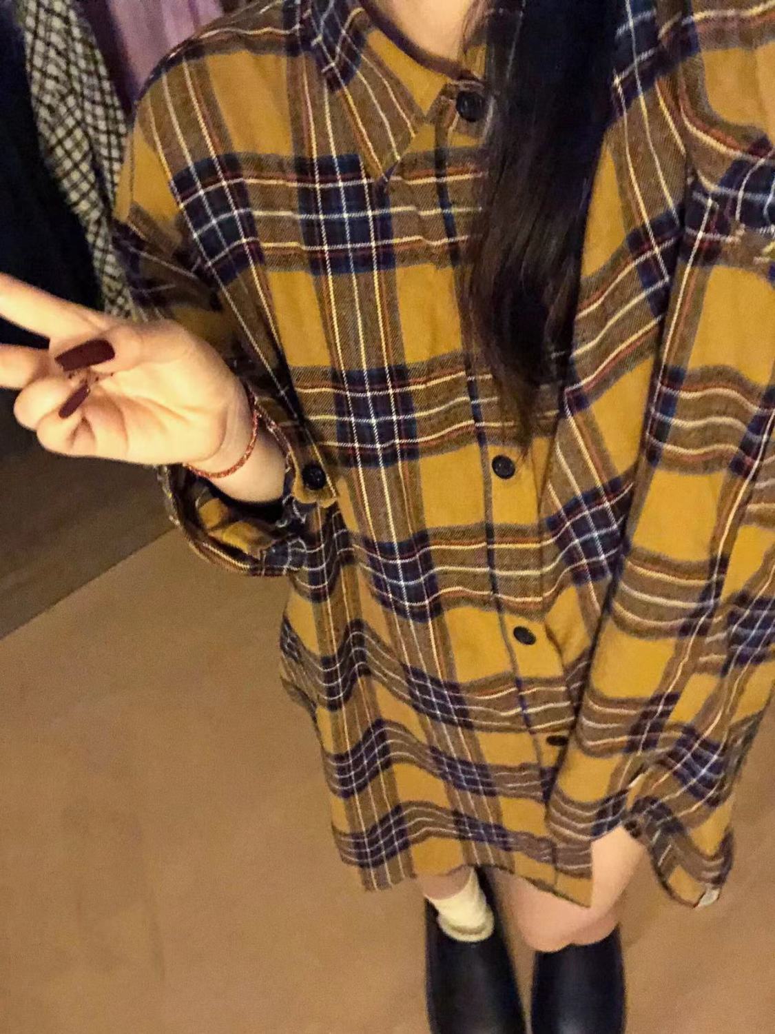 秋冬2023新款格子襯衫女內搭疊穿小眾設計感顯瘦百搭長袖襯衣開衫