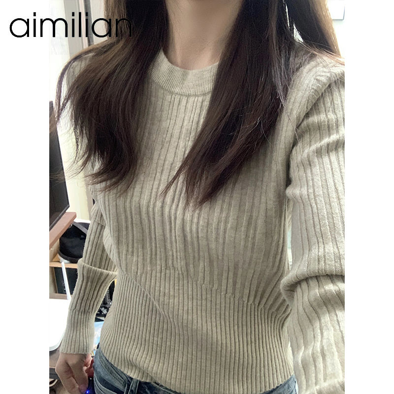 aimilian高級感套頭針織衫毛衣女秋冬內搭打底衫收腰顯瘦長袖上衣