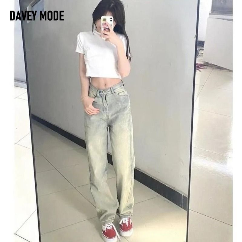 美式高街做舊黃泥色牛仔褲女春季復古高腰彈力修身顯瘦直筒長褲子