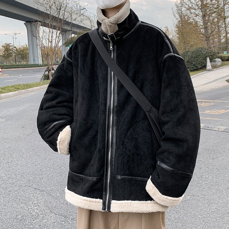 麂皮绒翻领棉衣男冬季新款加绒加厚保暖外套美式羊羔毛机车服夹克