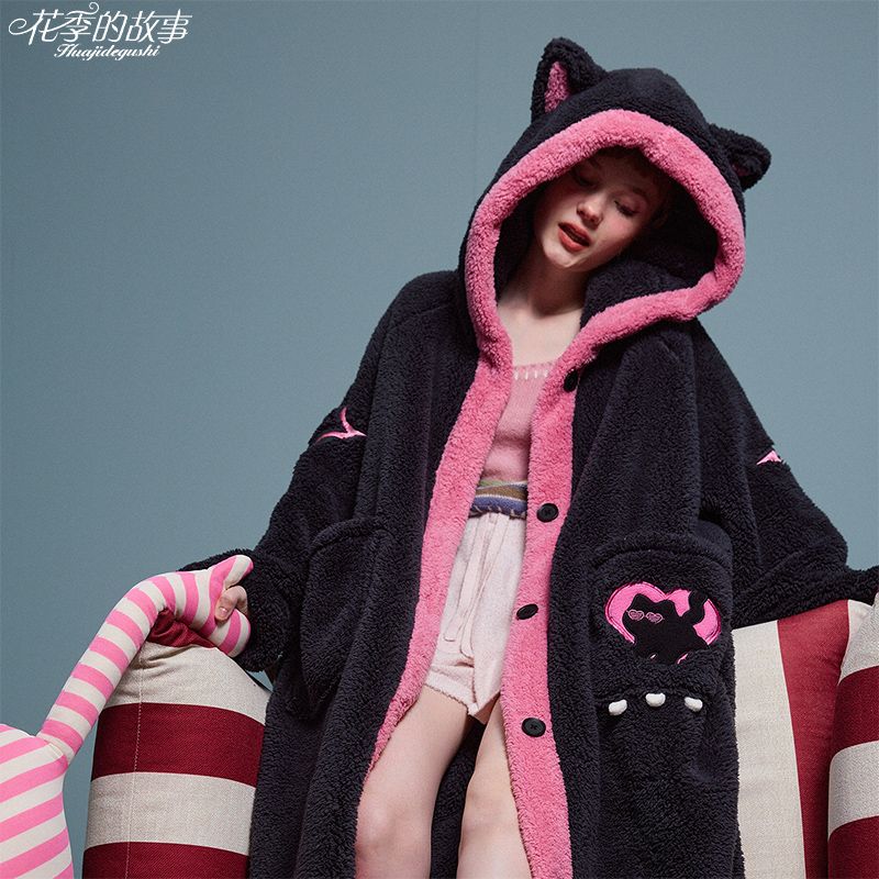 花季的故事睡衣女珊瑚絨秋冬季連帽睡袍加厚保暖ins高級感家居服