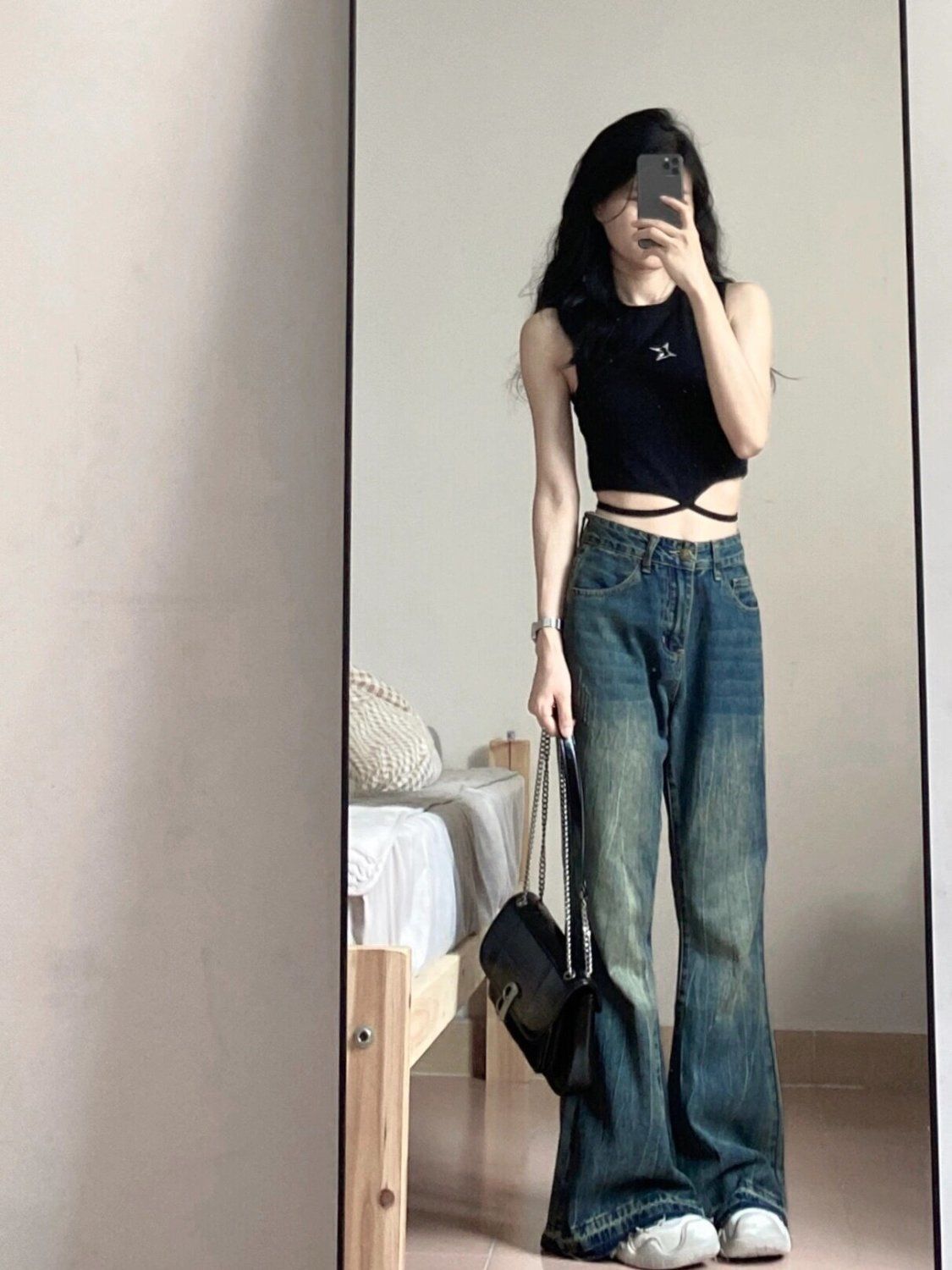 美式復古水洗高腰微喇牛仔褲女秋冬小眾修身顯瘦百搭闊腿拖地長褲