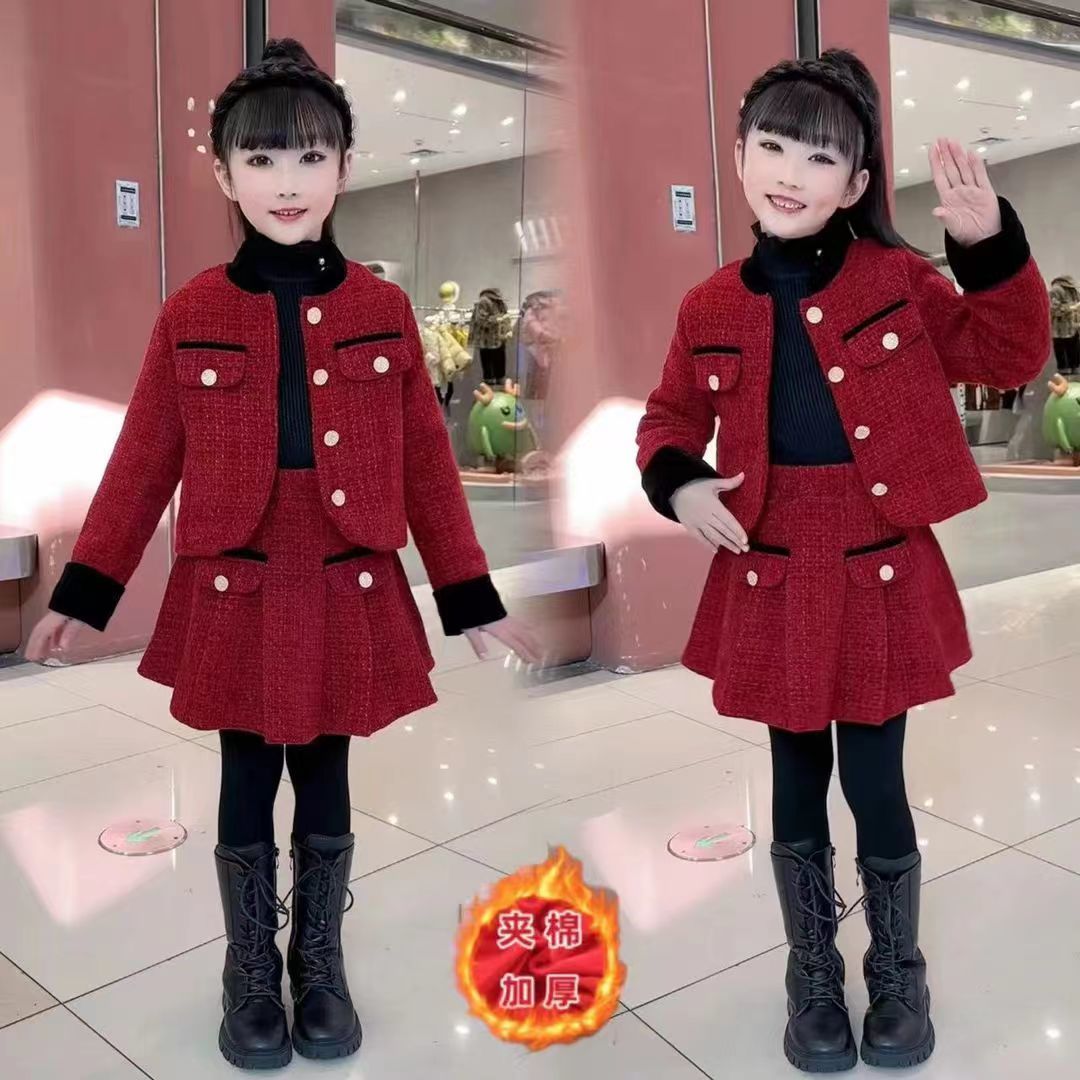 女童2024套裝秋冬裝兒童洋氣新款香風紅色百褶裙外套兩件套