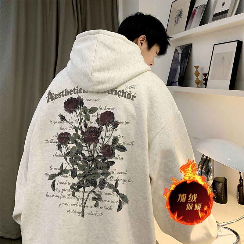 American high street stiff hooded sweatshirt men's autumn and winter rose flower velvet top 500g heavy retro jacket