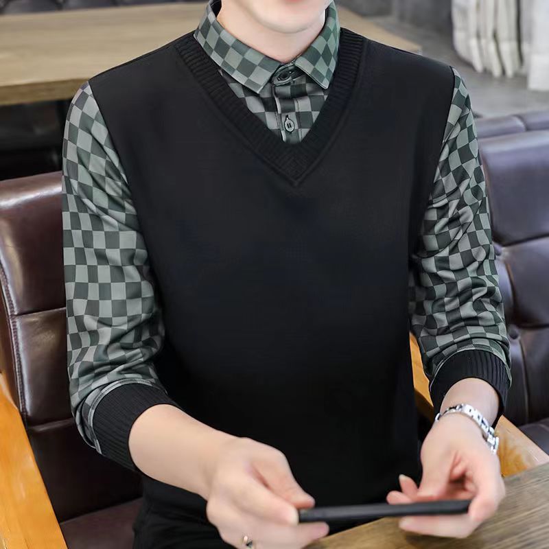 2024春秋款男士百搭上衣領假兩件polo衫針織中青年大碼帥氣打底衫