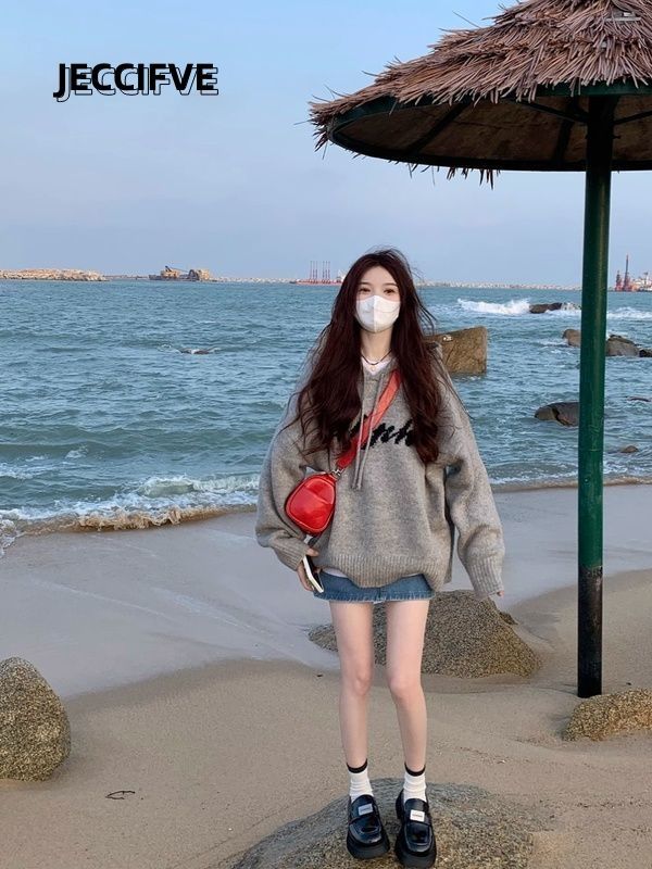 JECCIFIVE美式復古寬鬆顯瘦連帽針織毛衣男女ins情侶小眾高級上衣