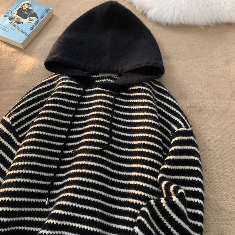 条纹连帽针织衫外套男士2023年冬季新款设计感宽松韩系慵懒风毛衣