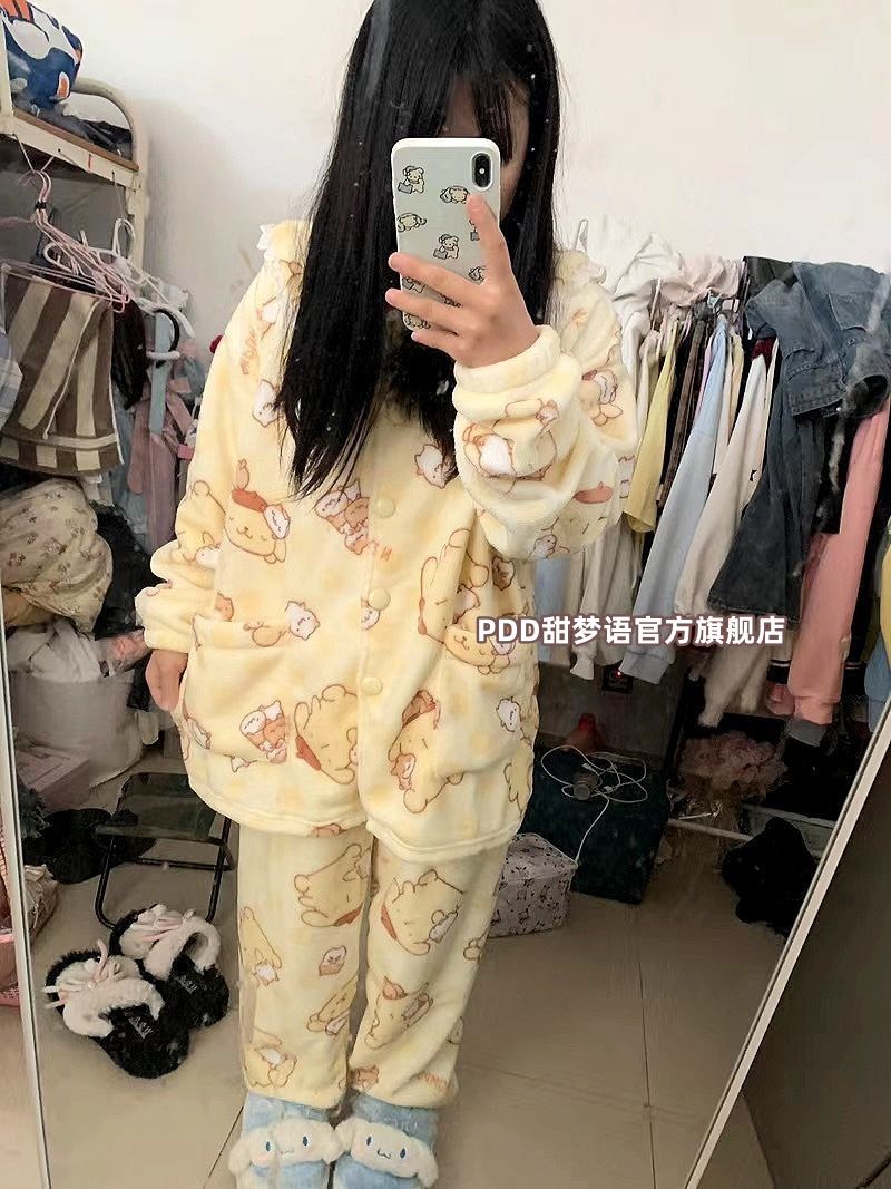 Cartoon ins warm coral velvet pajamas for women winter sweet girl outer wear thickened flannel home clothes set