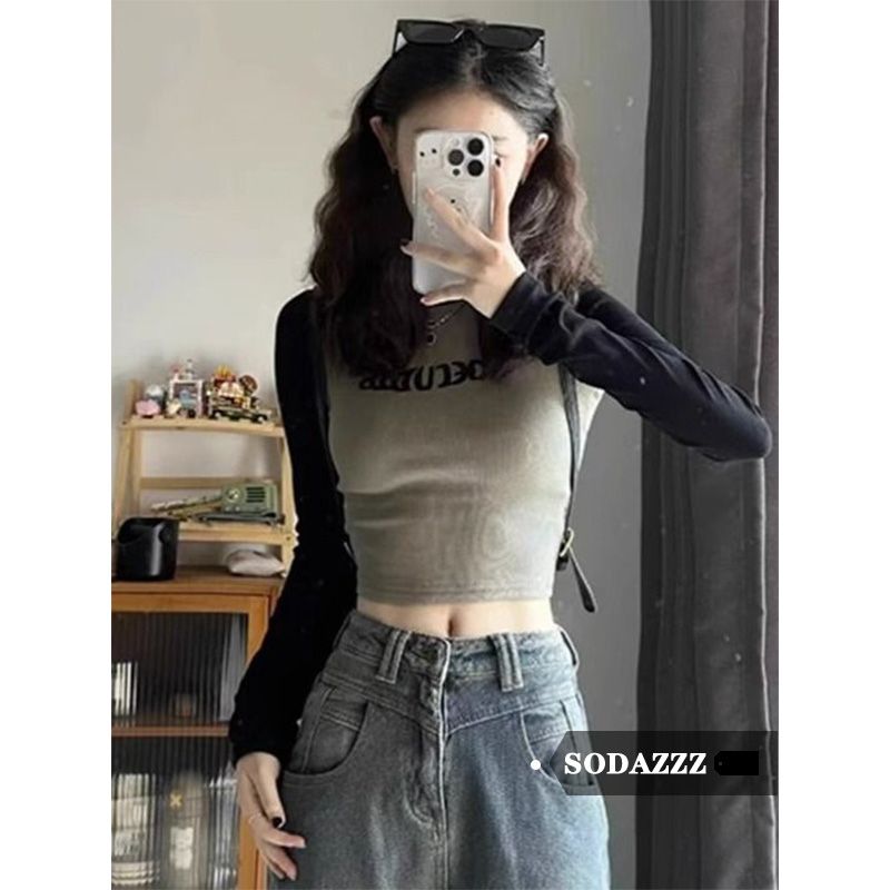 SODAZZZ插肩袖長袖t恤女內搭打底衫女秋冬修身高腰短款甜辣小上衣