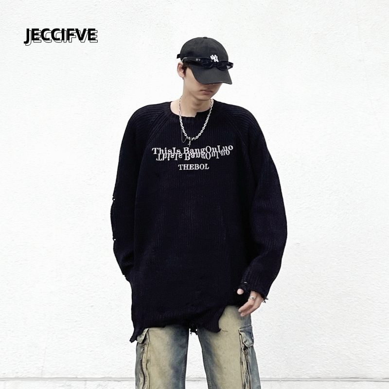JECCIFIVE高街美式不規則破洞oversize毛衣男女寬鬆慵懶痞帥上衣