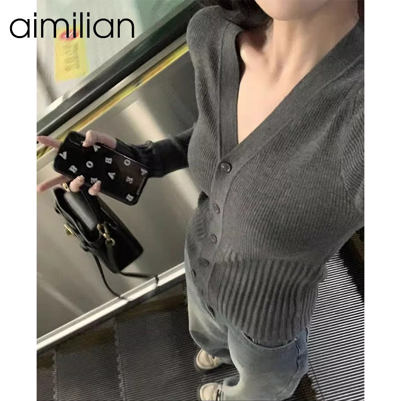 aimilian灰色軟糯V領針織衫女秋冬內搭打底毛衣收腰顯瘦長袖上衣