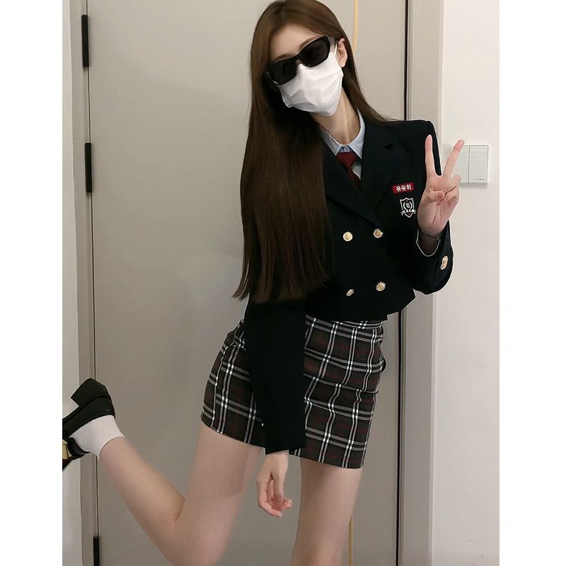 韓系設計感學院風短款西裝外套POLO領襯衫高腰格紋半身裙三件套女