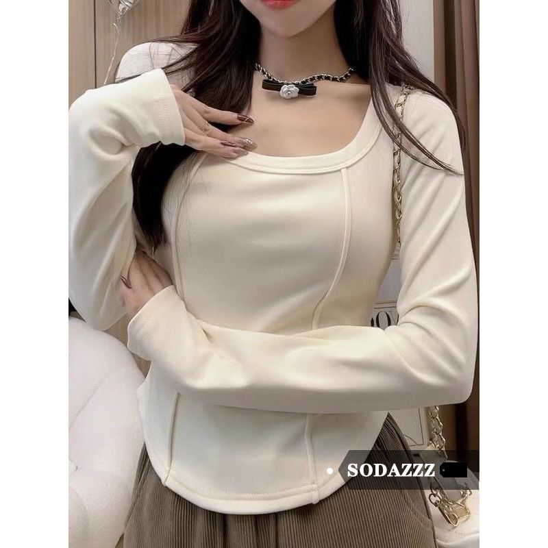 SODAZZZ方領打底衫女春秋冬季內搭設計小眾魚骨上衣修身長袖t恤潮