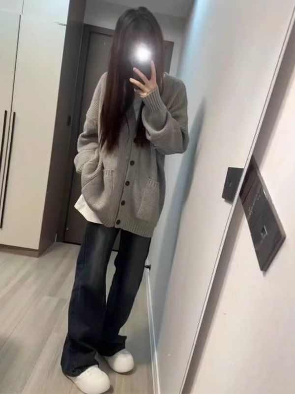 水洗黑灰色牛仔褲女秋冬2023年新款美式高街顯瘦直筒寬鬆闊腿褲子