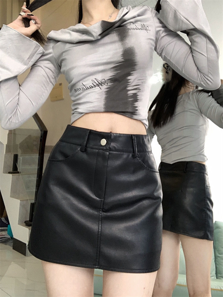 Black pu skirt hot girl miniskirt autumn and winter new high waist texture a line bag hip skirt leather culottes for women