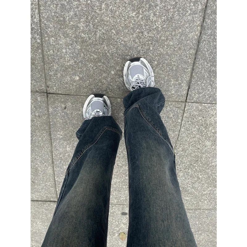 美式復古微喇牛仔褲女秋冬款寬鬆顯瘦設計感拼接高街拖地闊腿褲子