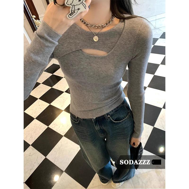 SODAZZZ灰色修身正肩t恤內搭長袖打底衫女秋冬季新款獨特别致上衣