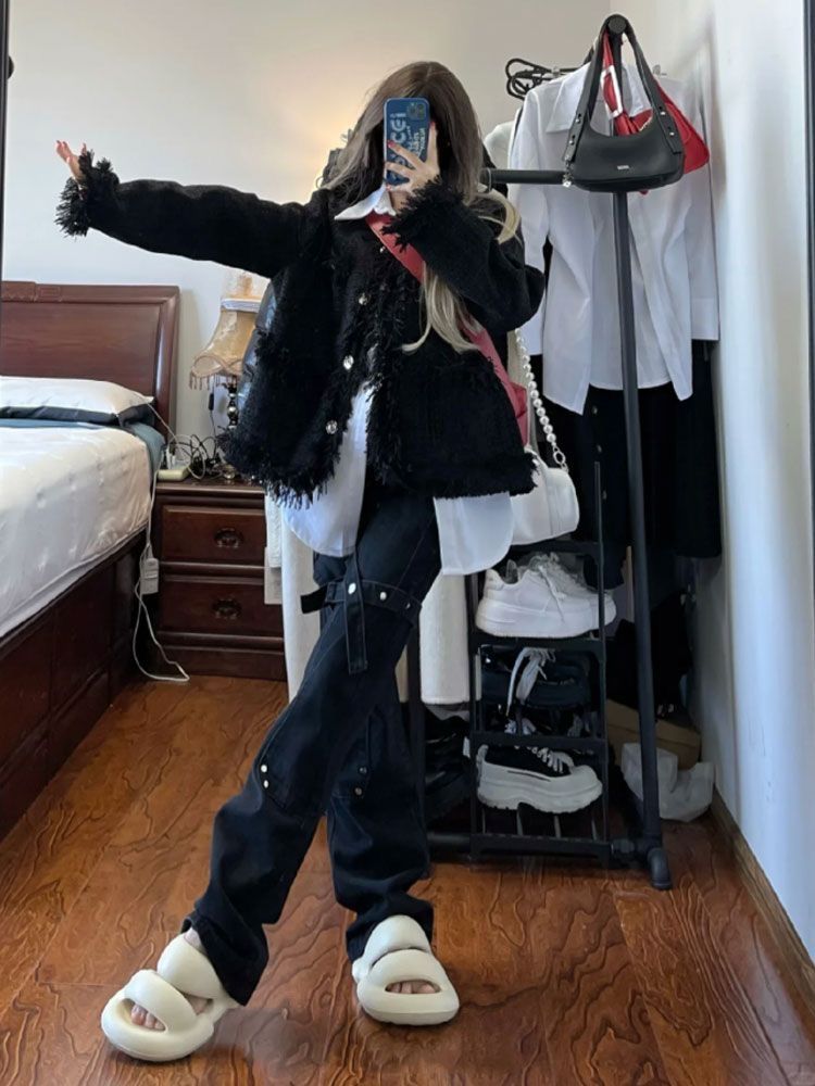 歐美高街vibe黑色綁帶牛仔褲女秋冬機能風個性褲子美式微喇叭長褲