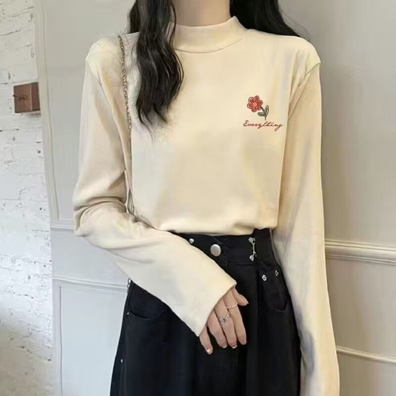 德絨半高領打底衫女內搭洋氣保暖上衣秋冬季加絨百搭長袖t恤韓版