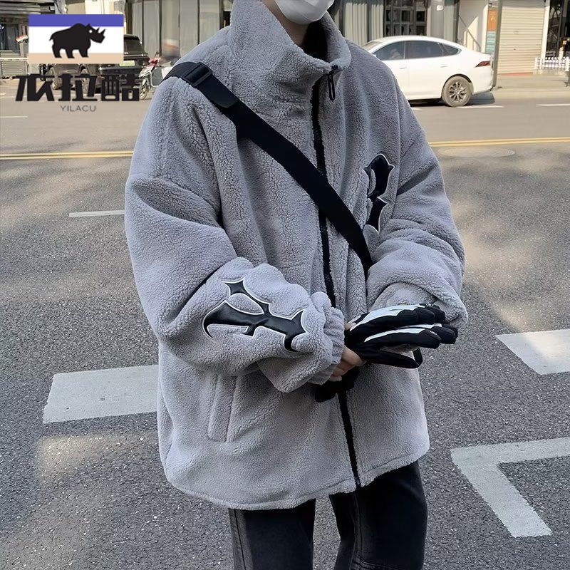 學生男羊羔毛外套美式復古字母刺繡棉衣冬季加厚棉襖羊羔絨棉服潮