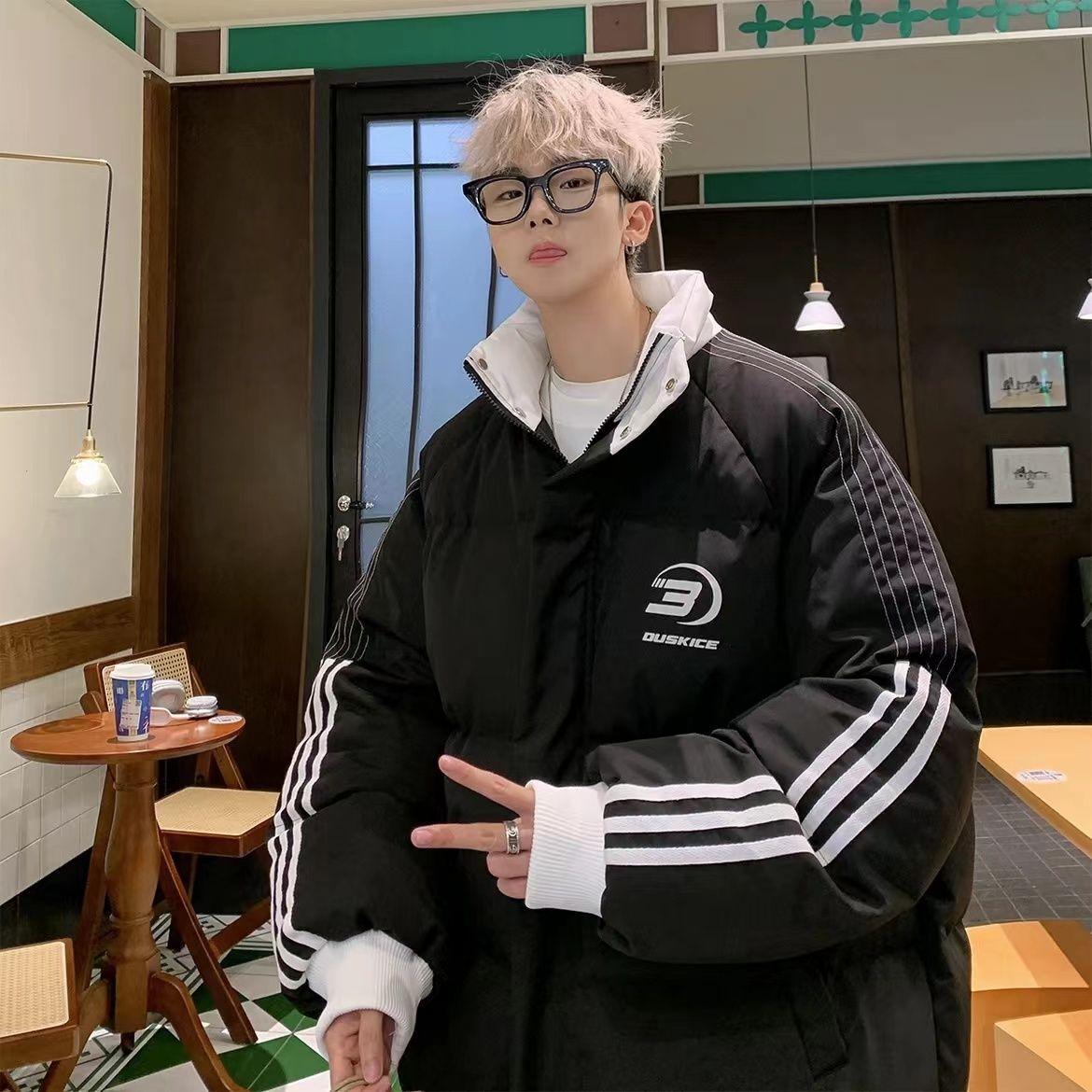 美式街頭三條槓條紋立領棉服棉衣男女冬季加厚保暖情侶麵包服外套