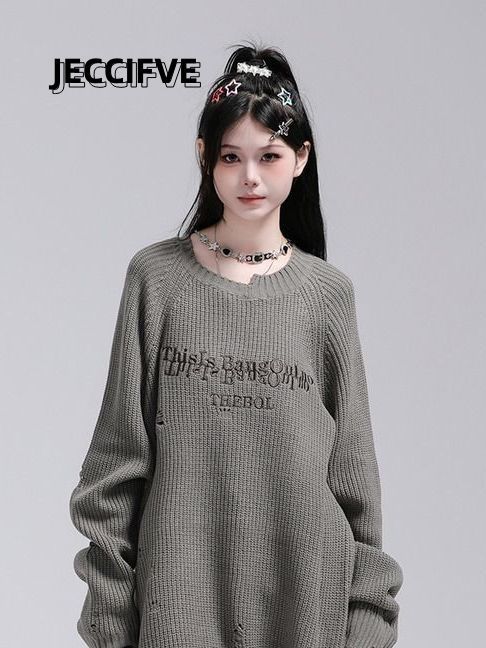 JECCIFIVE美式復古潮牌破洞設計圓領針織衫男女嘻哈寬鬆百搭毛衣