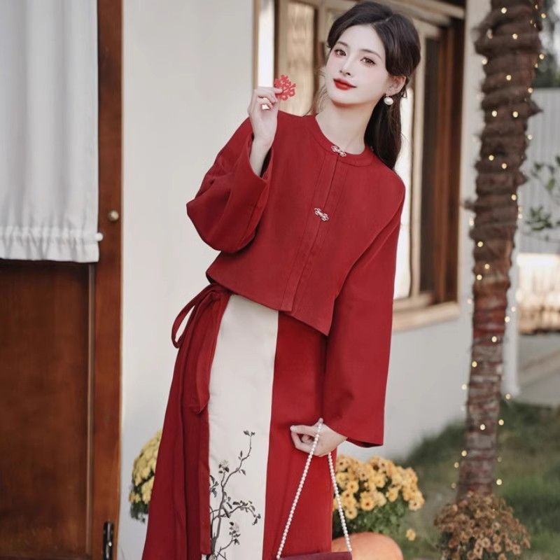 唐装女秋冬新中式女装秋冬款中式伴娘服礼服红色国风上衣新年战袍