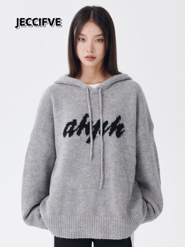 JECCIFIVE國潮美式復古慵懶風針織連帽毛衣男女寬鬆顯瘦高級上衣