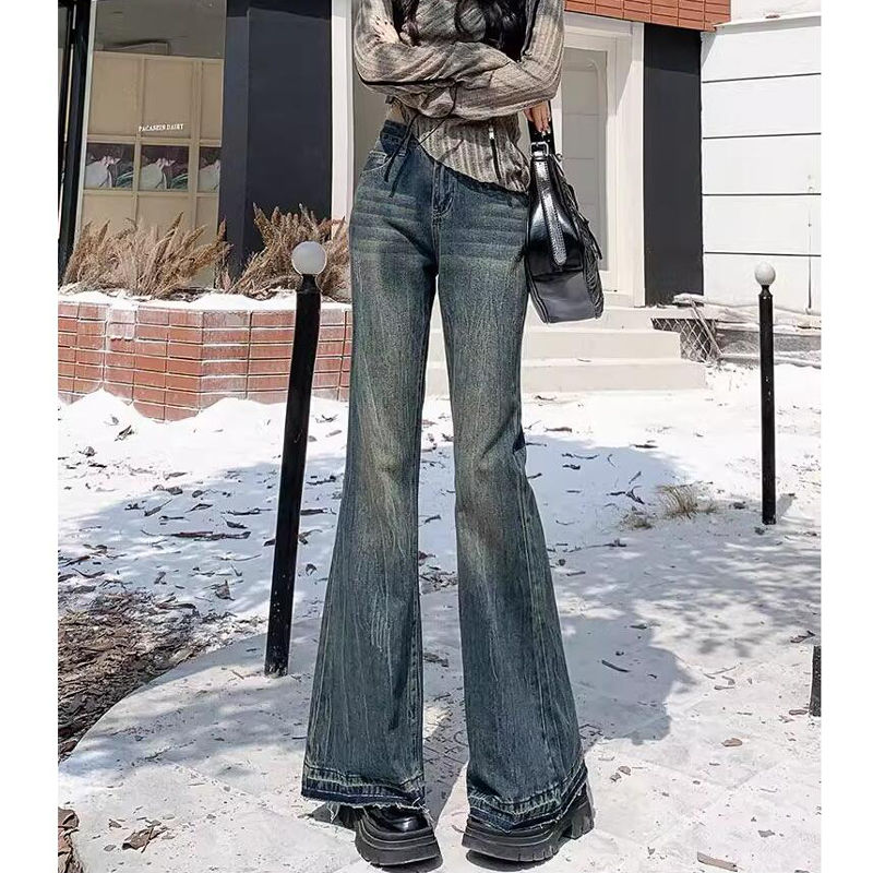 復古微喇牛仔褲女小個子美式高腰直筒顯瘦不貼腿馬蹄喇叭褲長褲潮