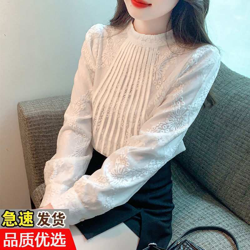 2023年秋冬新款韓版百搭長袖蕾絲打底衫女時尚減齡設計感小眾上衣