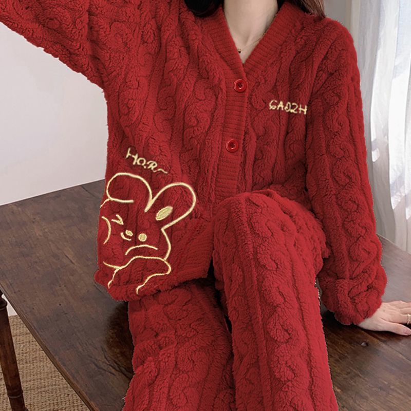 韩版卡通珊瑚绒睡衣女款秋冬季加厚加绒甜美外穿休闲风家居服套装