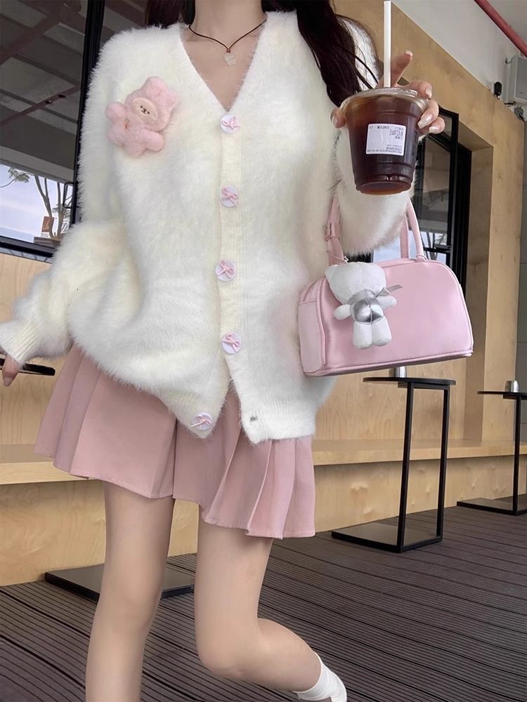 可愛甜美毛衣女秋冬外套仿水貂秋季寬鬆慵懶新款針織開衫上衣百搭