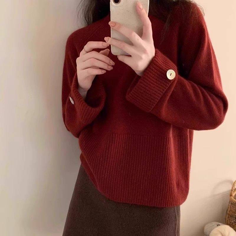 秋冬新款寬鬆慵懶小眾設計純色袖口帶紐扣打底長袖內搭針織衫上衣