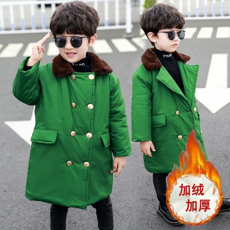 男童军绿色大衣加棉加厚保暖中长款外套儿童冬装加厚宝宝冬季棉衣