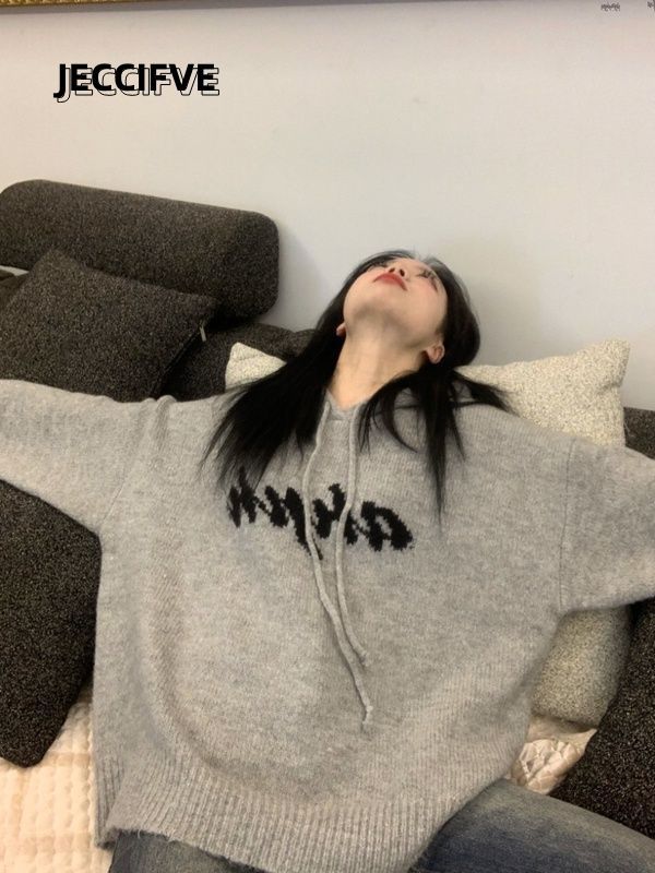 JECCIFIVE灰色連帽針織毛衣男女提花小眾設計感寬鬆顯瘦情侶上衣