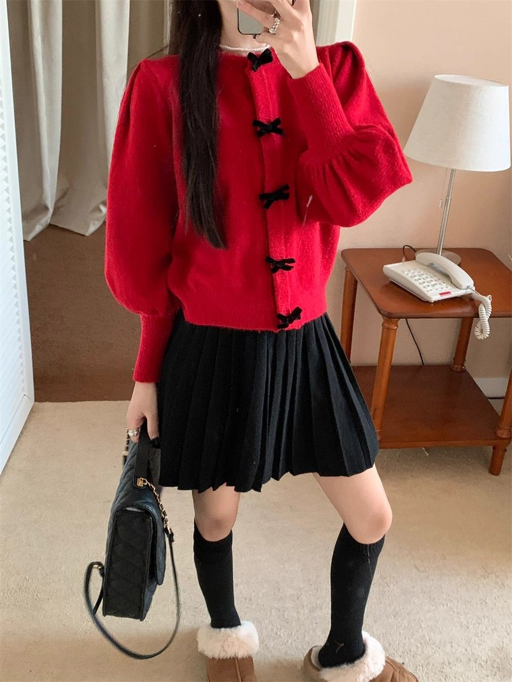 New Year and Christmas Outfits Red Sweater Women's Autumn and Winter Lazy Style Soft and Waxy Thickened Age-Reducing Bow Knitted Cardigan