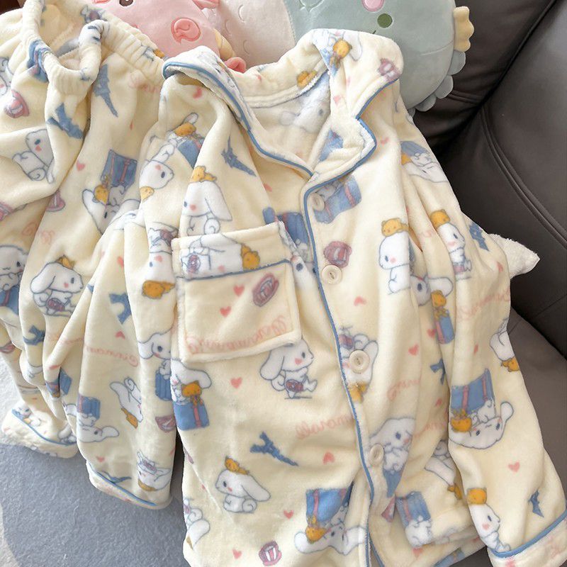 秋冬珊瑚絨睡衣女開衫加厚保暖寬鬆時尚卡通甜美風一體家居服套裝