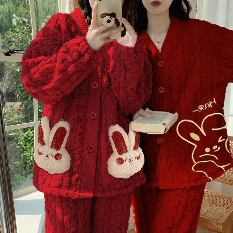 韩版卡通珊瑚绒睡衣女款秋冬季加厚加绒甜美外穿休闲风家居服套装