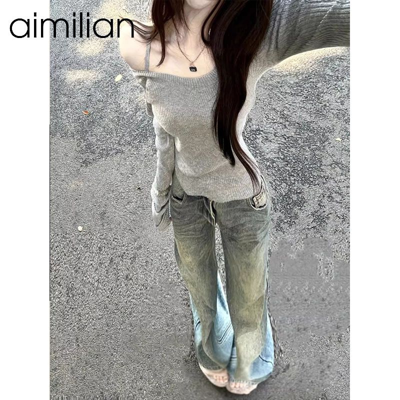 aimilian純欲辣妹掛脖露肩毛衣女秋冬修身顯瘦內搭針織打底衫上衣