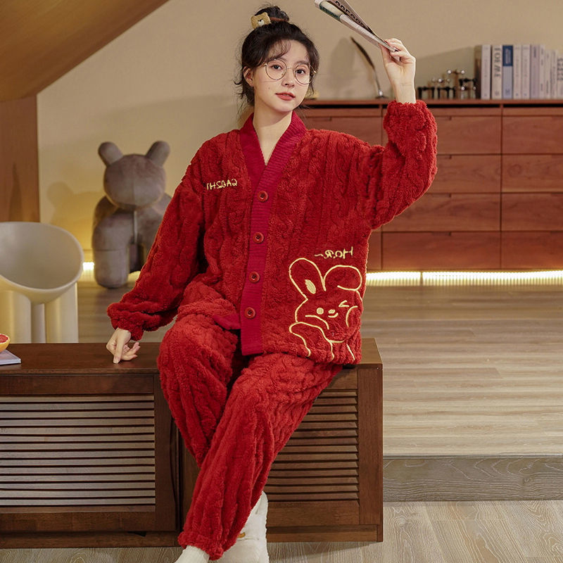 珊瑚絨睡衣女春秋冬季寬鬆加厚加絨時尚新款法蘭絨純色家居服爆款