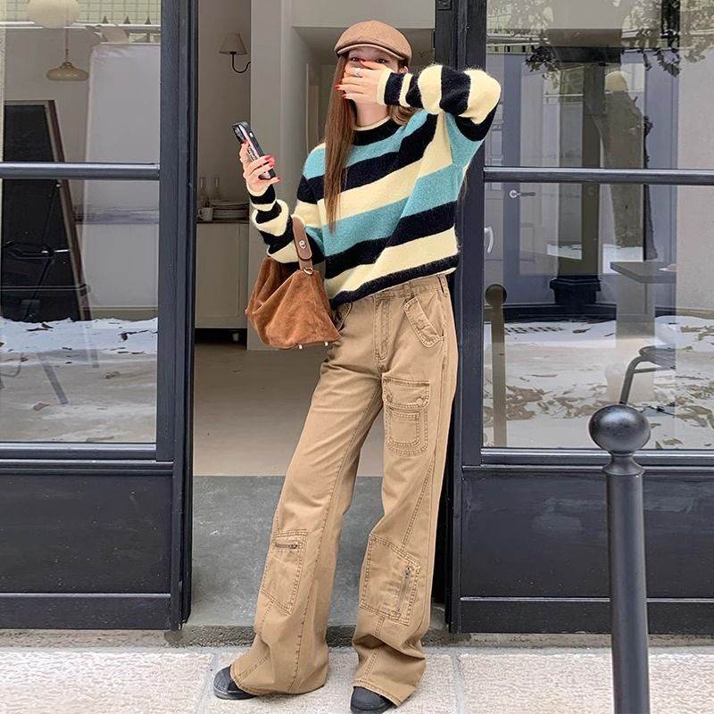 busrr美式高街工裝微喇牛仔褲女秋季2023新款美拉德顯瘦喇叭褲子
