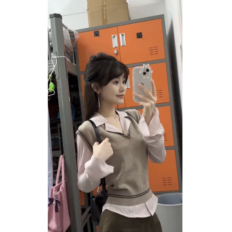韩系学院风套装女针织毛衣马甲背心粉色条纹衬衫秋季半身裙三件套