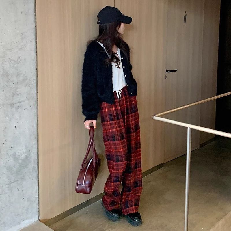 REDR紅色格子加絨休閒褲女秋冬2023新款高腰顯瘦寬鬆抽繩直筒闊腿