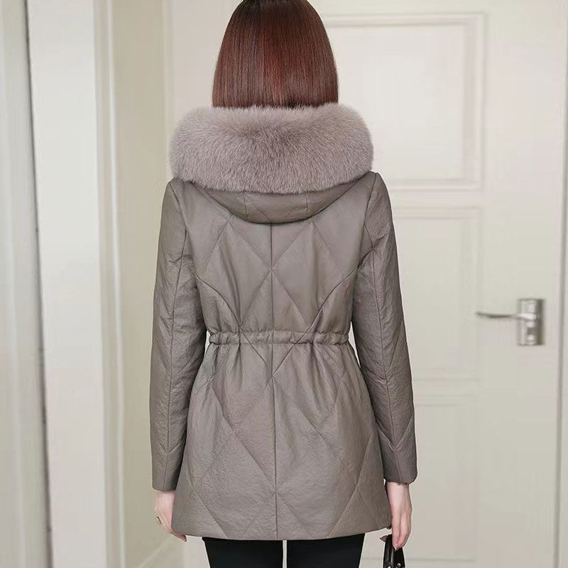 Haining leather jacket plus velvet cold-proof hooded new winter down jacket fashionable fox fur collar thickened top